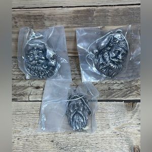 3x Pewter Santa Head 3” Classic Christmas Ornament Tree Decoration Set Vintage